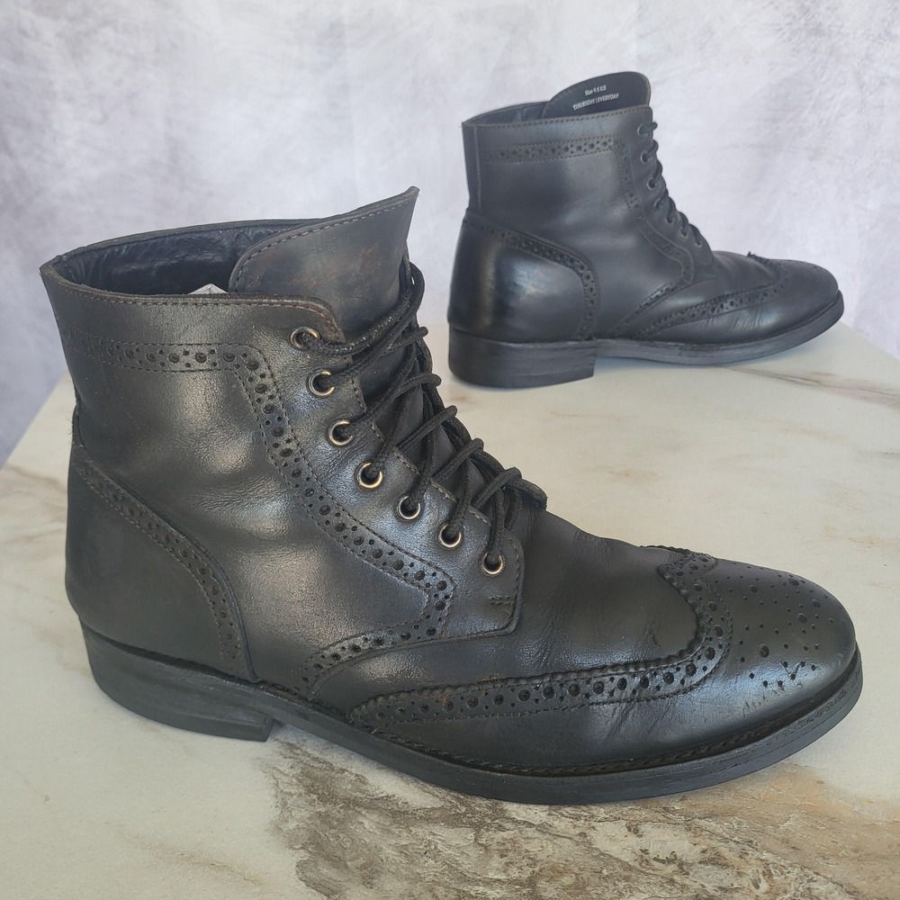 Thursday Boots Mens Size 9.5 Black Leather Wingtip Brogue Combat Lace Up